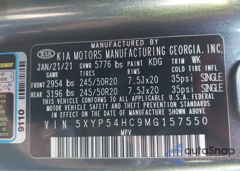 2021 Kia Telluride Sx z USA, uszkodzony, nr VIN 5XYP54HC9MG157550